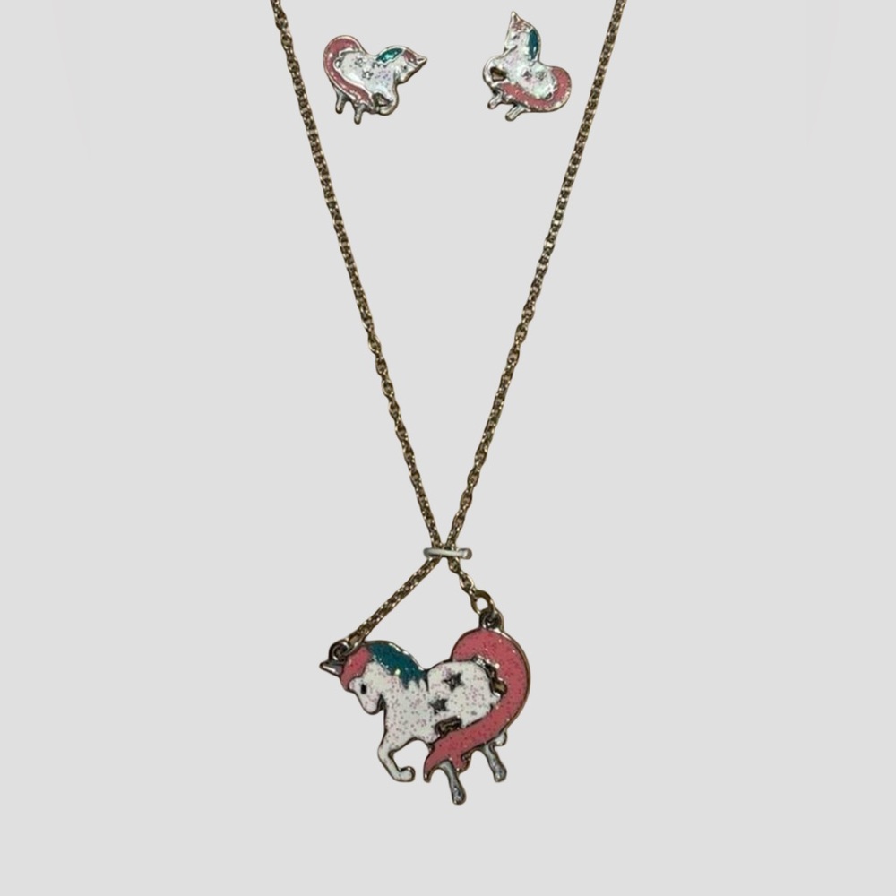 Retro Colorful Classic Unicorn Necklace & Earrings Kidcore Girl Glitter Shimmer